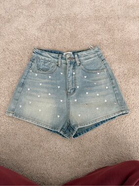 Light Blue Denim High-Waist Shorts with Heart Studs